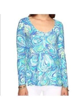 Lilly Pulitzer Sorella Sparkling Blue Oh Shucks Oyster Print Top Blue Green Sz L
